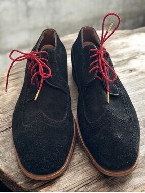 Men's Black Suede Wingtip Derbys with Red Laces